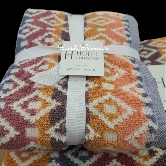 4pc Hotel Collection Multicolor Diamond Tile Aztec 2 Bath 2 Hand Towel Set New
